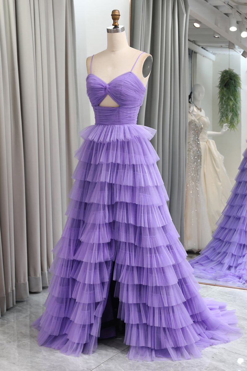 Load image into Gallery viewer, Purple Tulle A Line Tiered Long Prom Dress With Front Slit