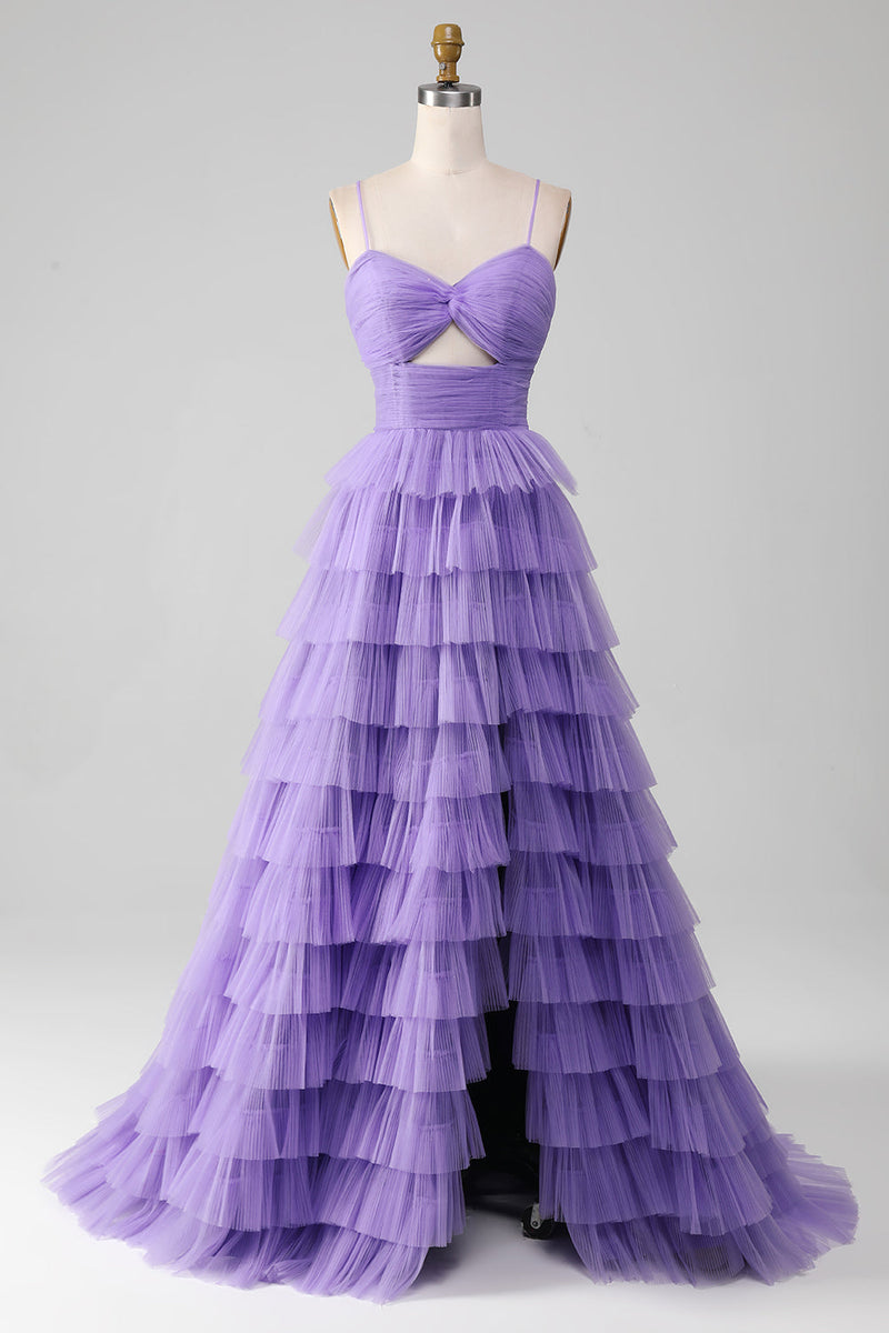 Load image into Gallery viewer, Purple Tulle A-Line Tiered Long Prom Dress with Slit