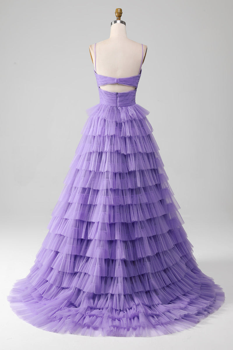 Load image into Gallery viewer, Purple Tulle A-Line Tiered Long Prom Dress with Slit