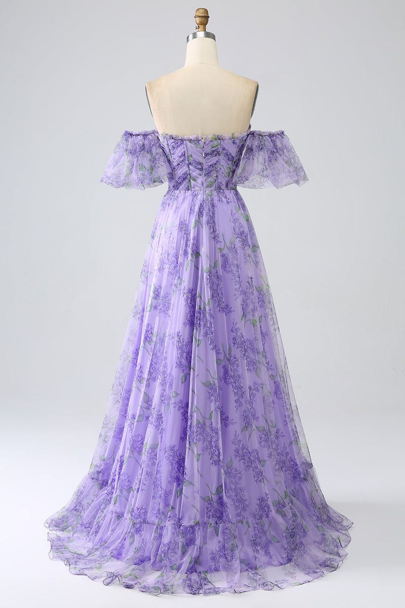 Load image into Gallery viewer, Printed Lavender Off the Shoulder A line Prom Dress with Removable Sleeves