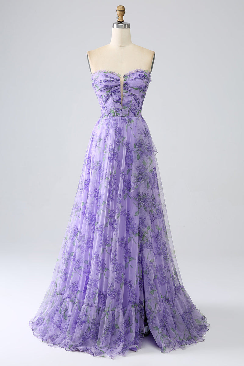 Load image into Gallery viewer, Printed Lavender Off the Shoulder A line Prom Dress with Removable Sleeves