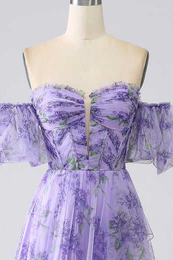 Printed Lavender Off the Shoulder A line Prom Dress with Removable Sleeves