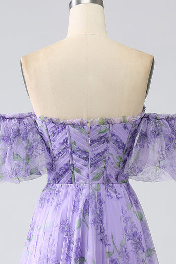 Printed Lavender Off the Shoulder A line Prom Dress with Removable Sleeves