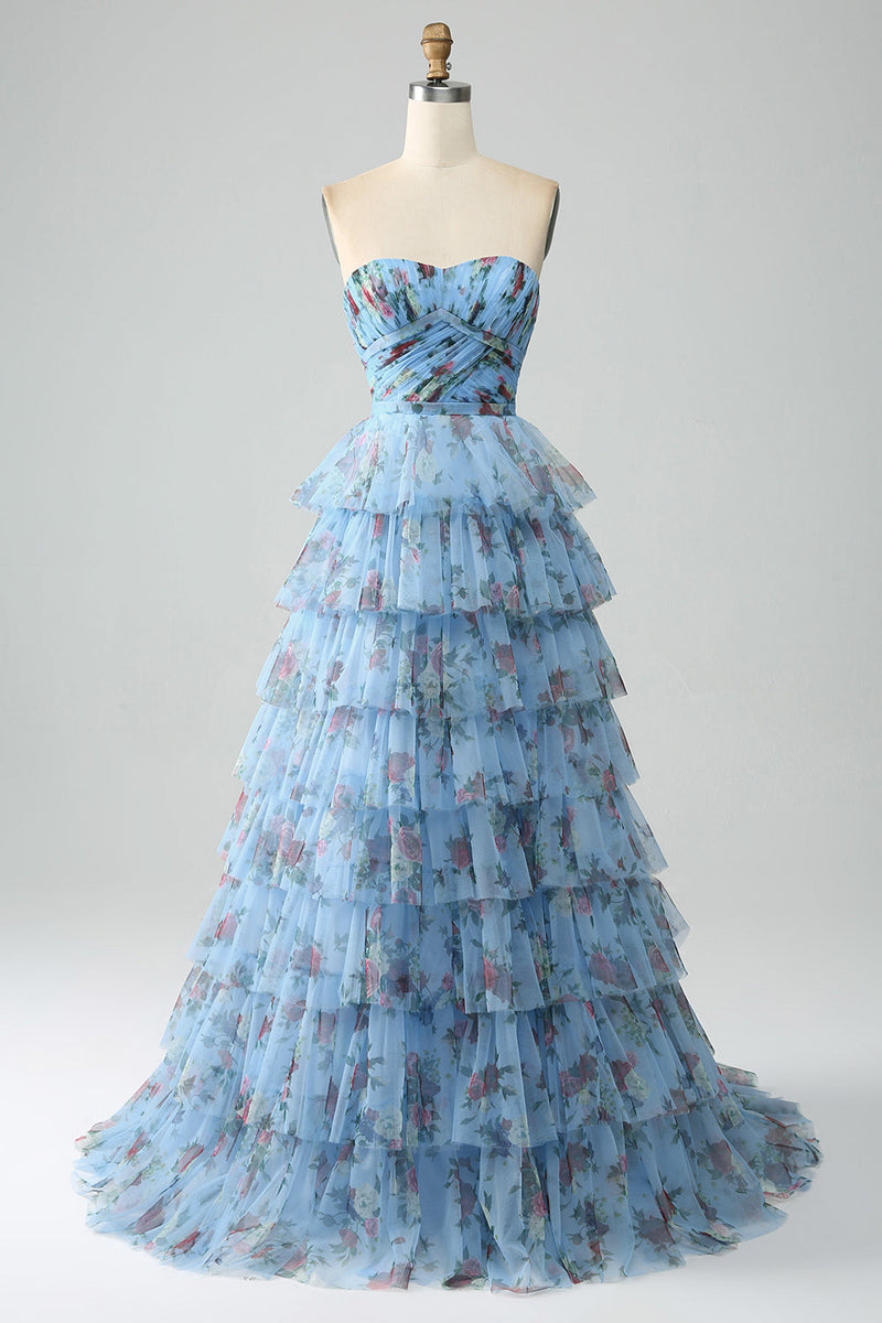 Load image into Gallery viewer, Off the Shoulder Floral Printed Tiered Prom Dress with Pleated