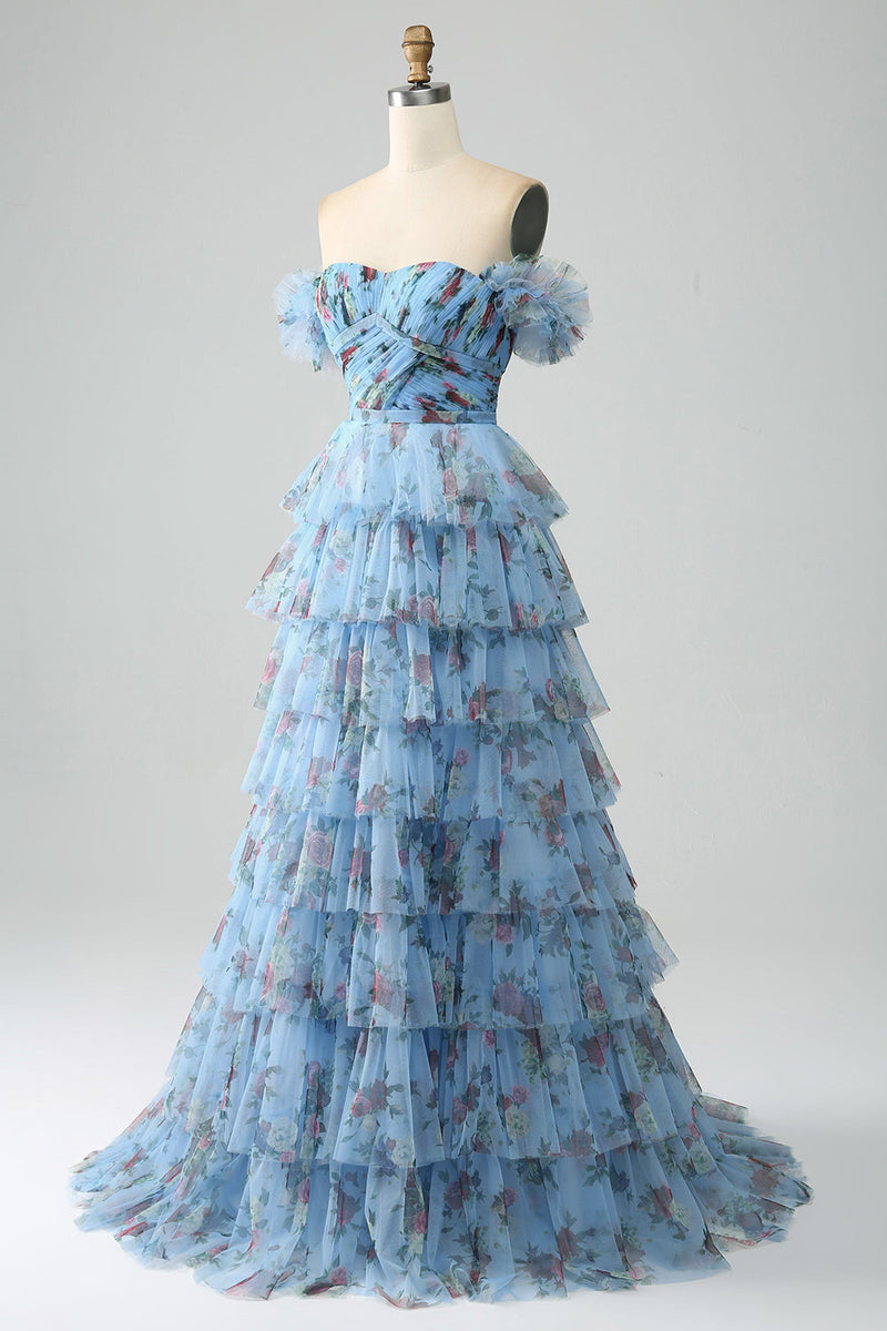 Load image into Gallery viewer, Off the Shoulder Floral Printed Tiered Prom Dress with Pleated