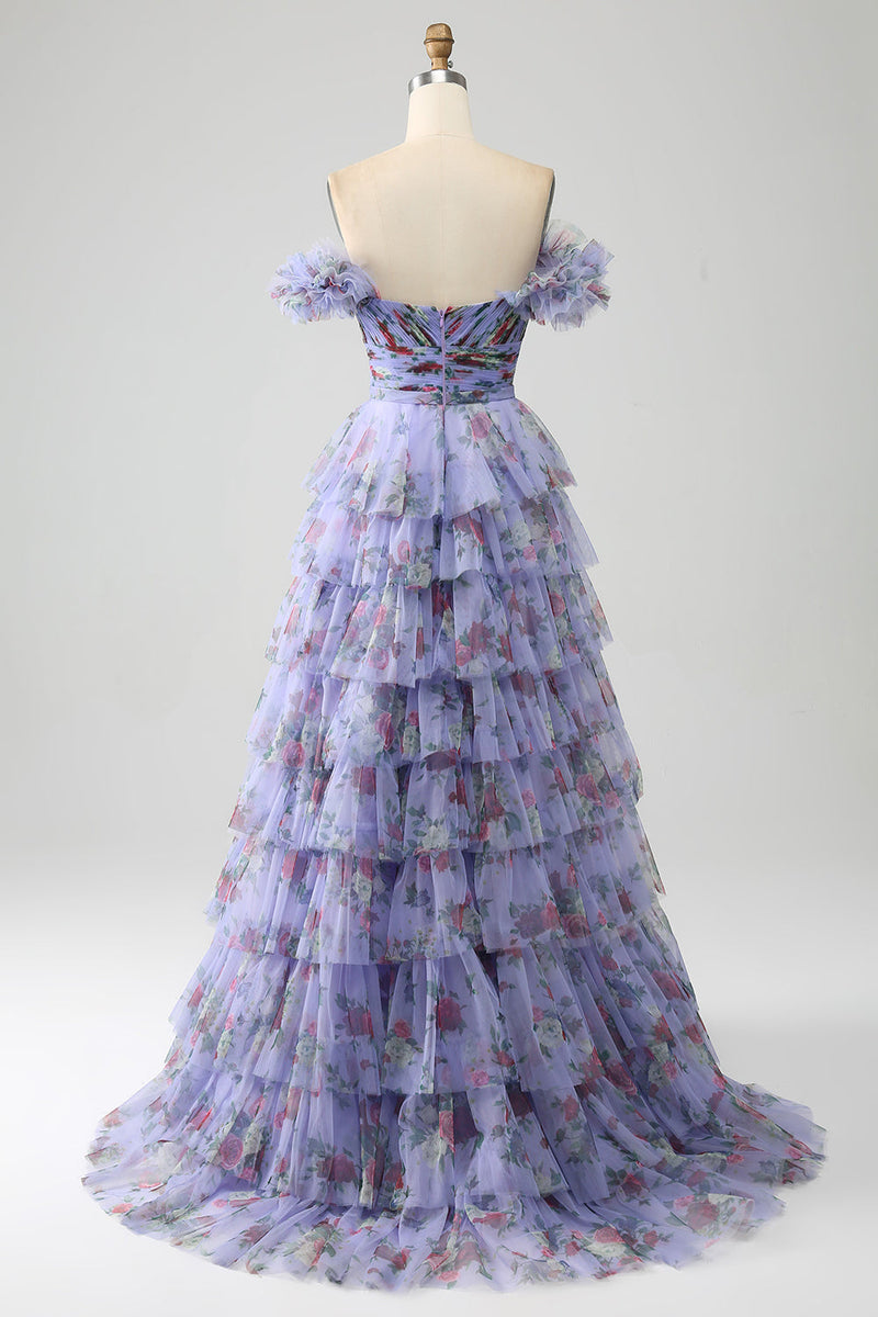 Load image into Gallery viewer, Off the Shoulder Floral Printed Tiered Prom Dress with Pleated