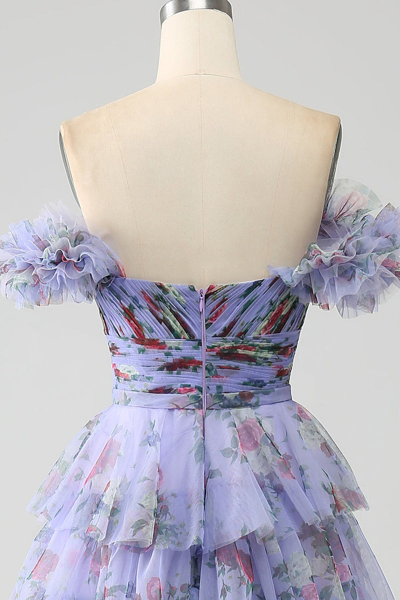 Load image into Gallery viewer, Off the Shoulder Floral Printed Tiered Prom Dress with Pleated