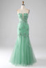 Load image into Gallery viewer, Green Mermaid Strapless Tulle Long Prom Dress with Appliques