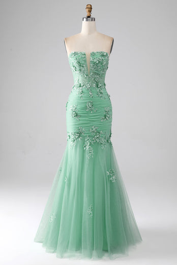 Green Mermaid Strapless Tulle Long Prom Dress with Appliques