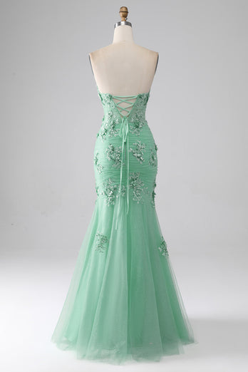 Green Mermaid Strapless Tulle Long Prom Dress with Appliques