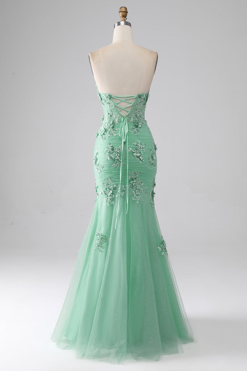 Load image into Gallery viewer, Green Mermaid Strapless Tulle Long Prom Dress with Appliques