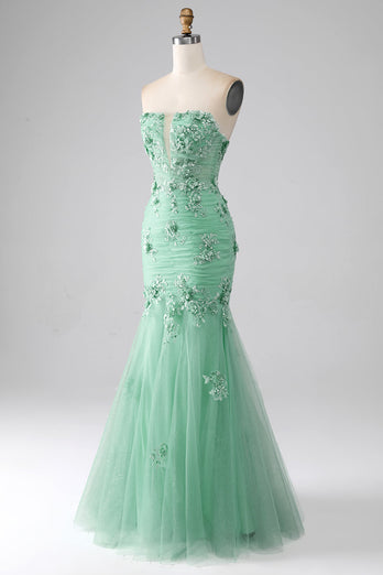 Green Mermaid Strapless Tulle Long Prom Dress with Appliques