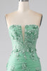 Load image into Gallery viewer, Green Mermaid Strapless Tulle Long Prom Dress with Appliques