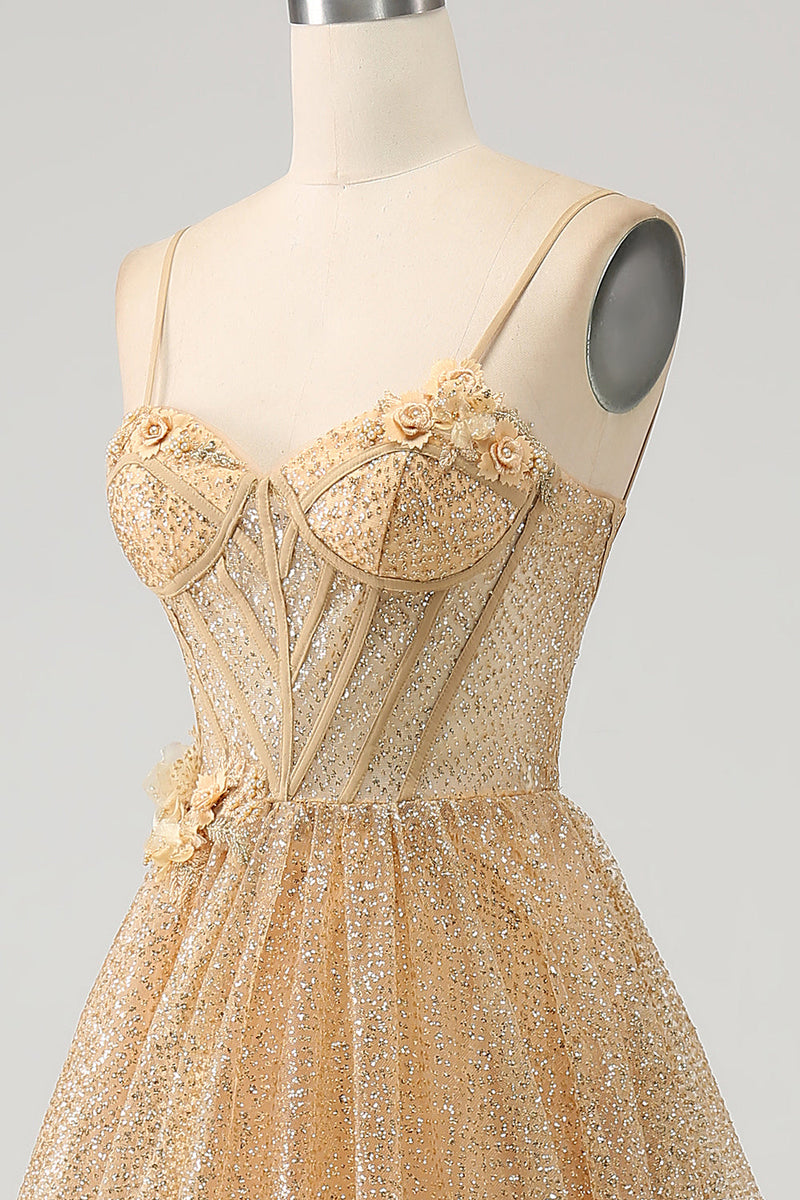 Load image into Gallery viewer, Glitter Golden Corset Long Prom Dress with Flowers