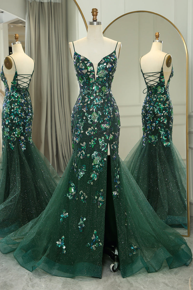 Load image into Gallery viewer, Sparkly Dark Green Mermaid Long Appliqued Prom Dress With Slit