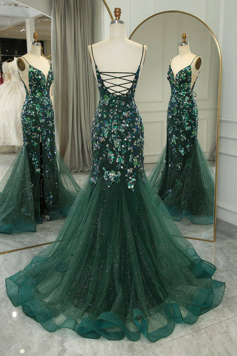 Load image into Gallery viewer, Sparkly Dark Green Mermaid Long Appliqued Prom Dress With Slit