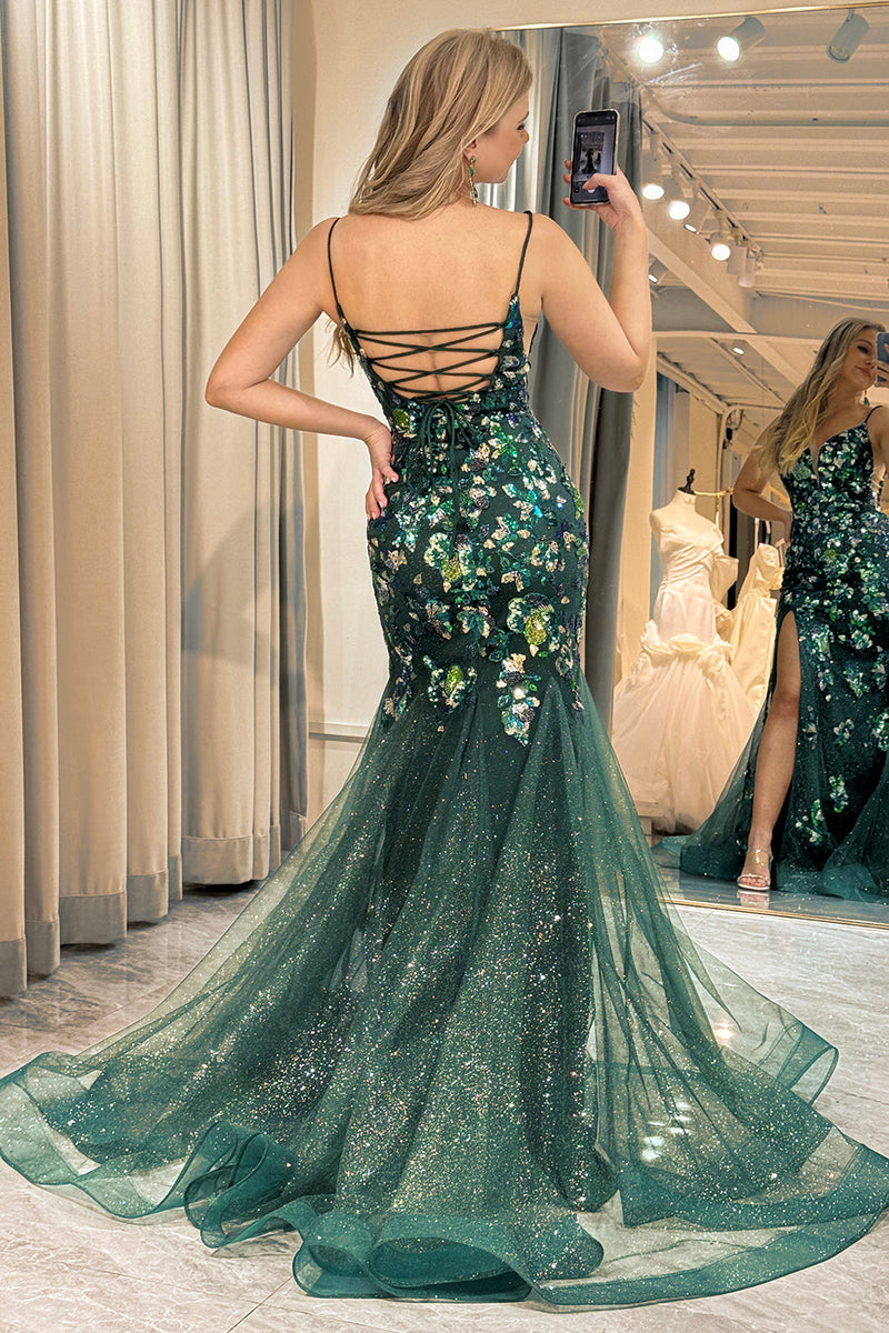 Load image into Gallery viewer, Sparkly Dark Green Mermaid Long Appliqued Prom Dress With Slit