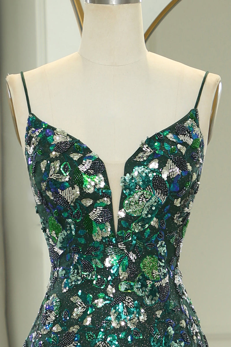 Load image into Gallery viewer, Sparkly Dark Green Mermaid Long Appliqued Prom Dress With Slit