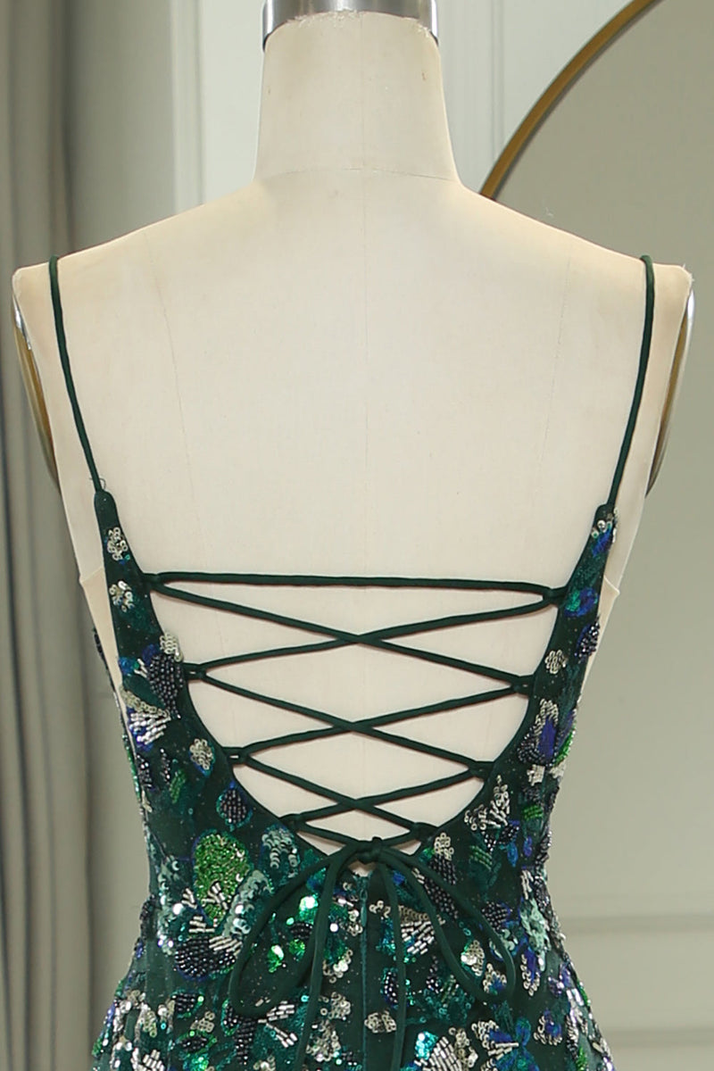 Load image into Gallery viewer, Sparkly Dark Green Mermaid Long Appliqued Prom Dress With Slit