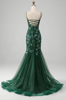 Mermaid Lace-Up Back Dark Green Prom Dress with Appliques