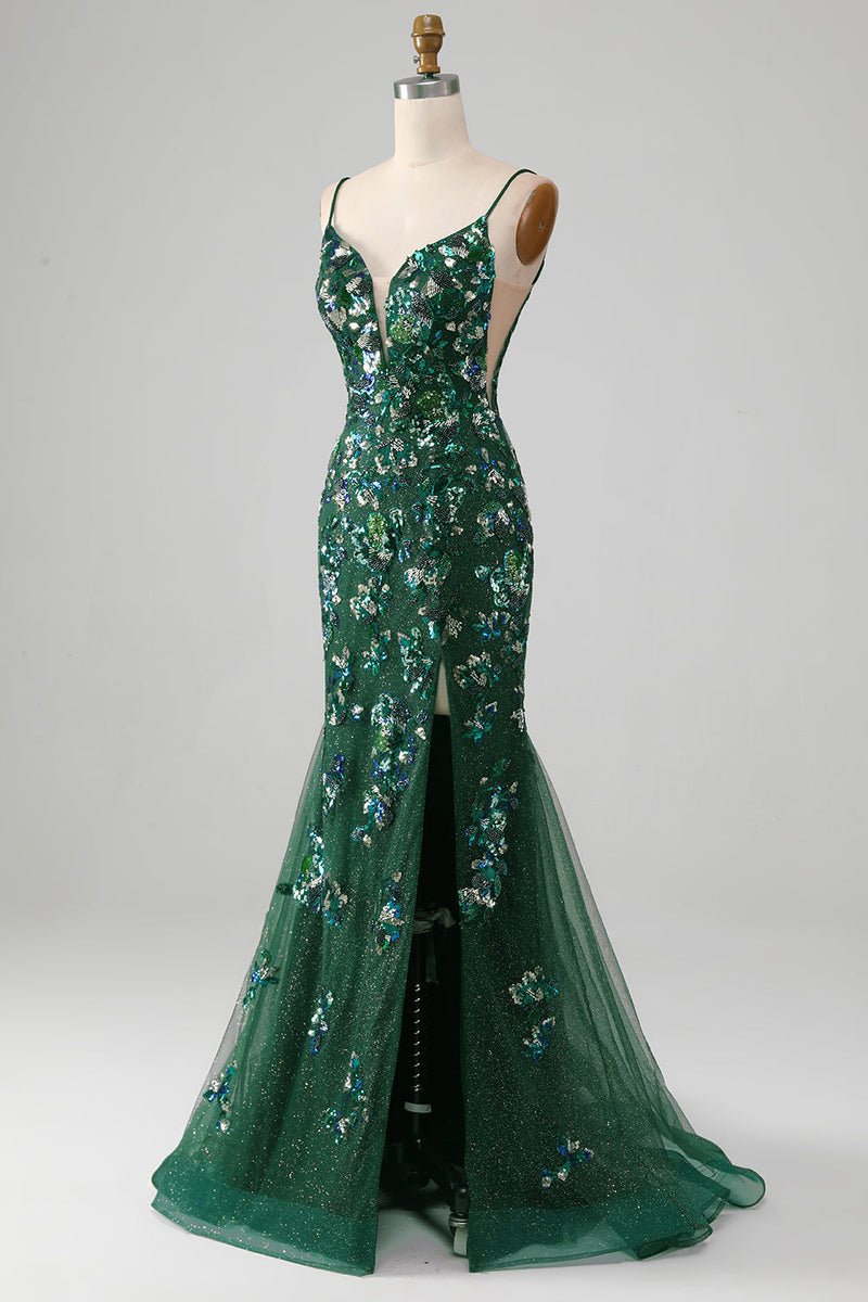 Load image into Gallery viewer, Mermaid Lace-Up Back Dark Green Prom Dress with Appliques