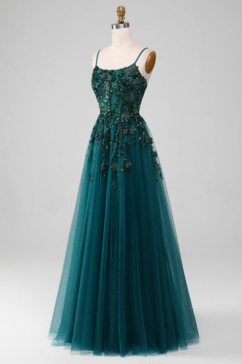 Dark Green Spaghetti Straps A Line Prom Dress with Slit