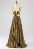 Load image into Gallery viewer, Sparkly A Line Deep V-Neck Golden Long Prom Dress with Split Front