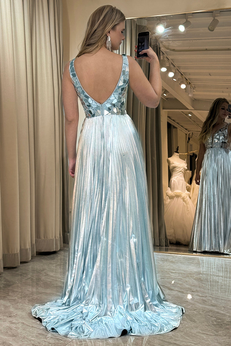 Load image into Gallery viewer, Glitter Silver Backless Long Mirror Prom Dress