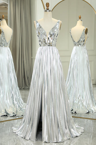 Glitter Silver Backless Long Mirror Prom Dress