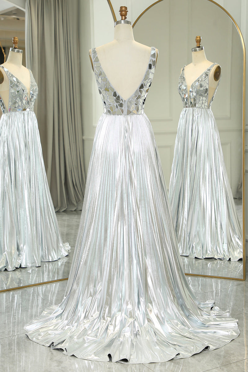 Load image into Gallery viewer, Glitter Silver Backless Long Mirror Prom Dress