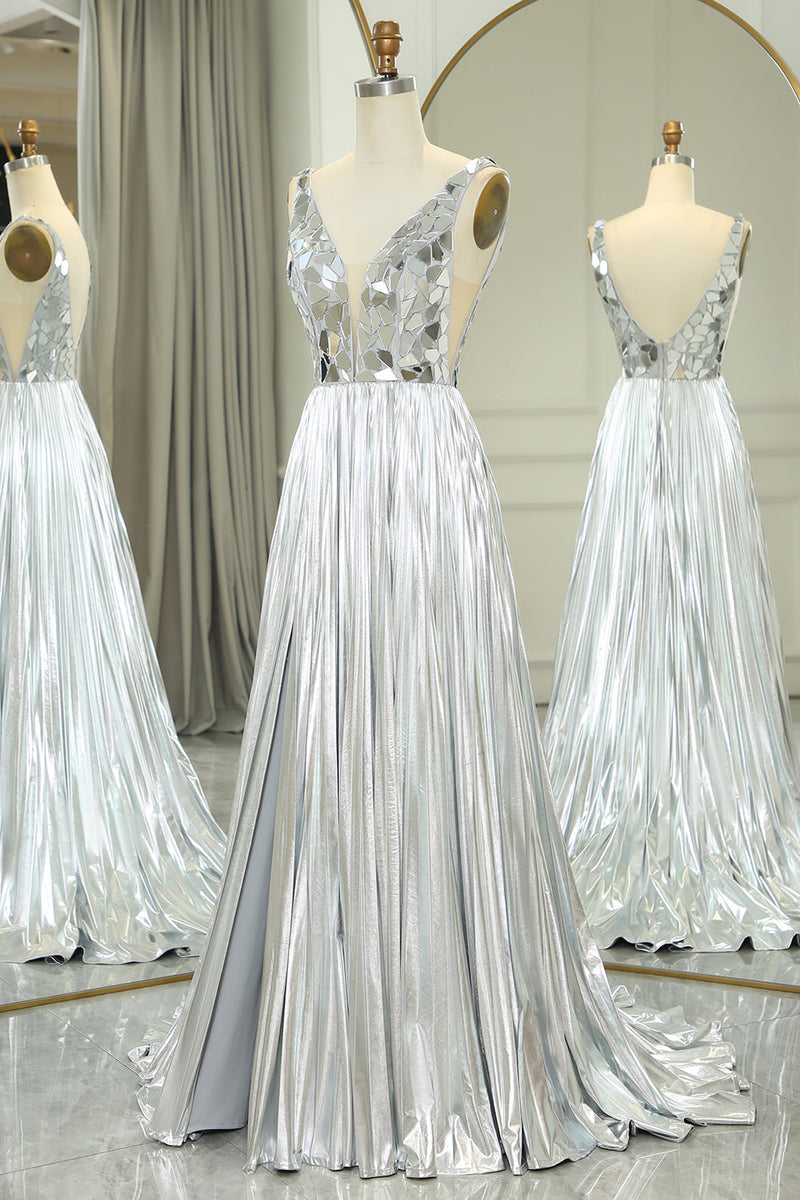 Load image into Gallery viewer, Glitter Silver Backless Long Mirror Prom Dress