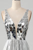 Load image into Gallery viewer, Sparkly A-Line V-Neck Silver Prom Dress with Slit