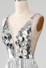 Load image into Gallery viewer, Sparkly A-Line V-Neck Silver Prom Dress with Slit