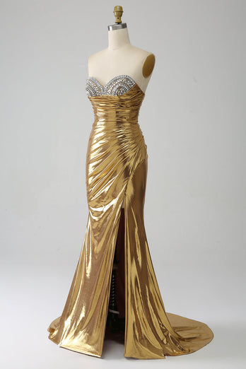 Golden Mermaid Strapless Long Prom Dress with Slit