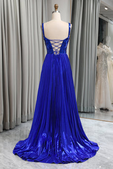 Glitter Royal Blue A Line Long Mirror Prom Dress With Slit