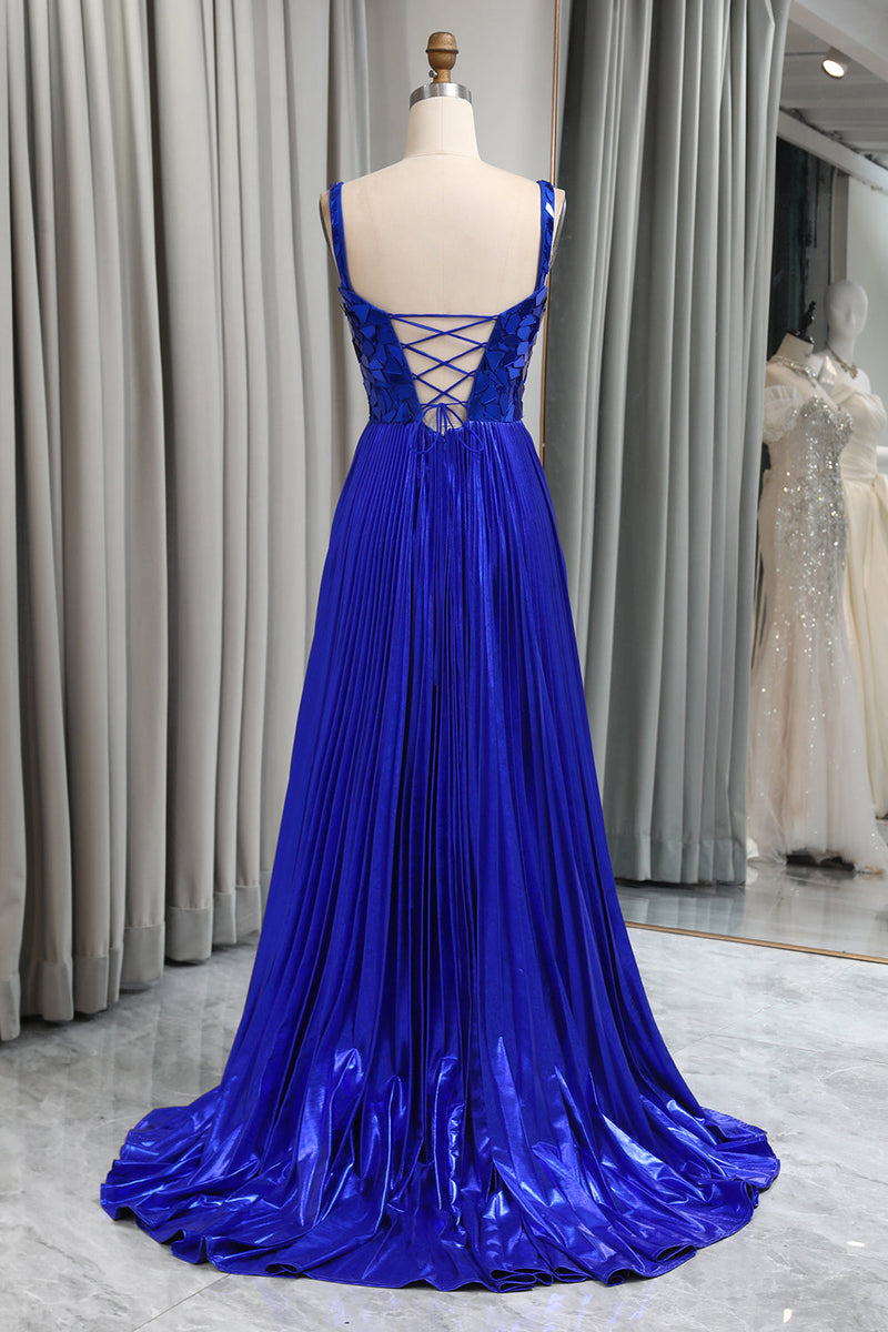 Load image into Gallery viewer, Glitter Royal Blue A Line Long Mirror Prom Dress With Slit