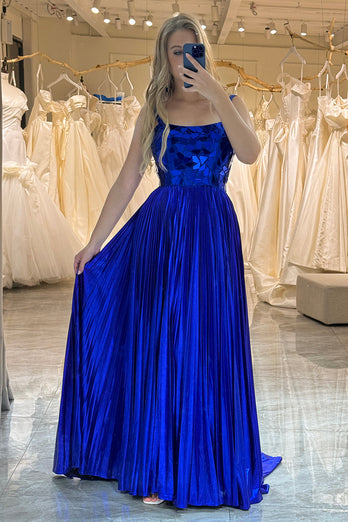 Glitter Royal Blue A Line Long Mirror Prom Dress With Slit