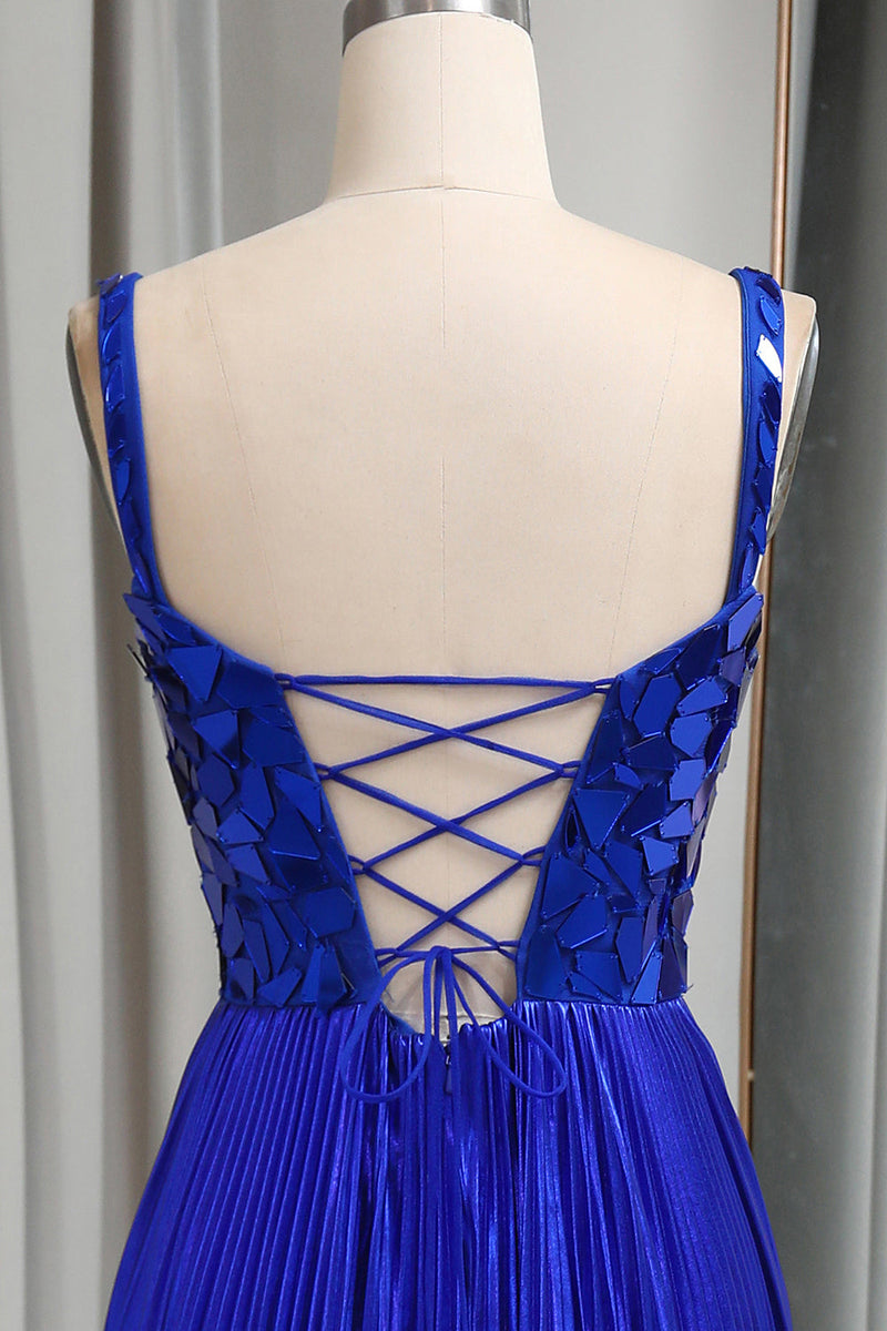 Load image into Gallery viewer, Glitter Royal Blue A Line Long Mirror Prom Dress With Slit