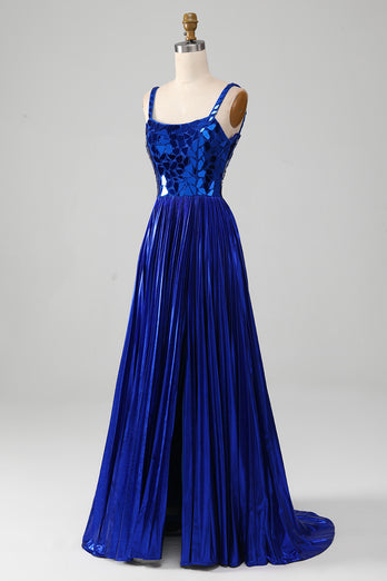 Sparkly Lace-Up Back Royal Blue Prom Dress with Slit