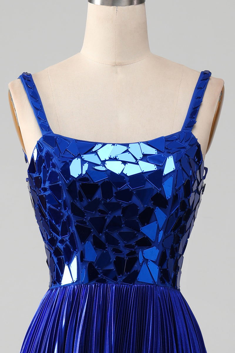 Load image into Gallery viewer, Sparkly Lace-Up Back Royal Blue Prom Dress with Slit