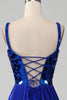 Load image into Gallery viewer, Sparkly Lace-Up Back Royal Blue Prom Dress with Slit