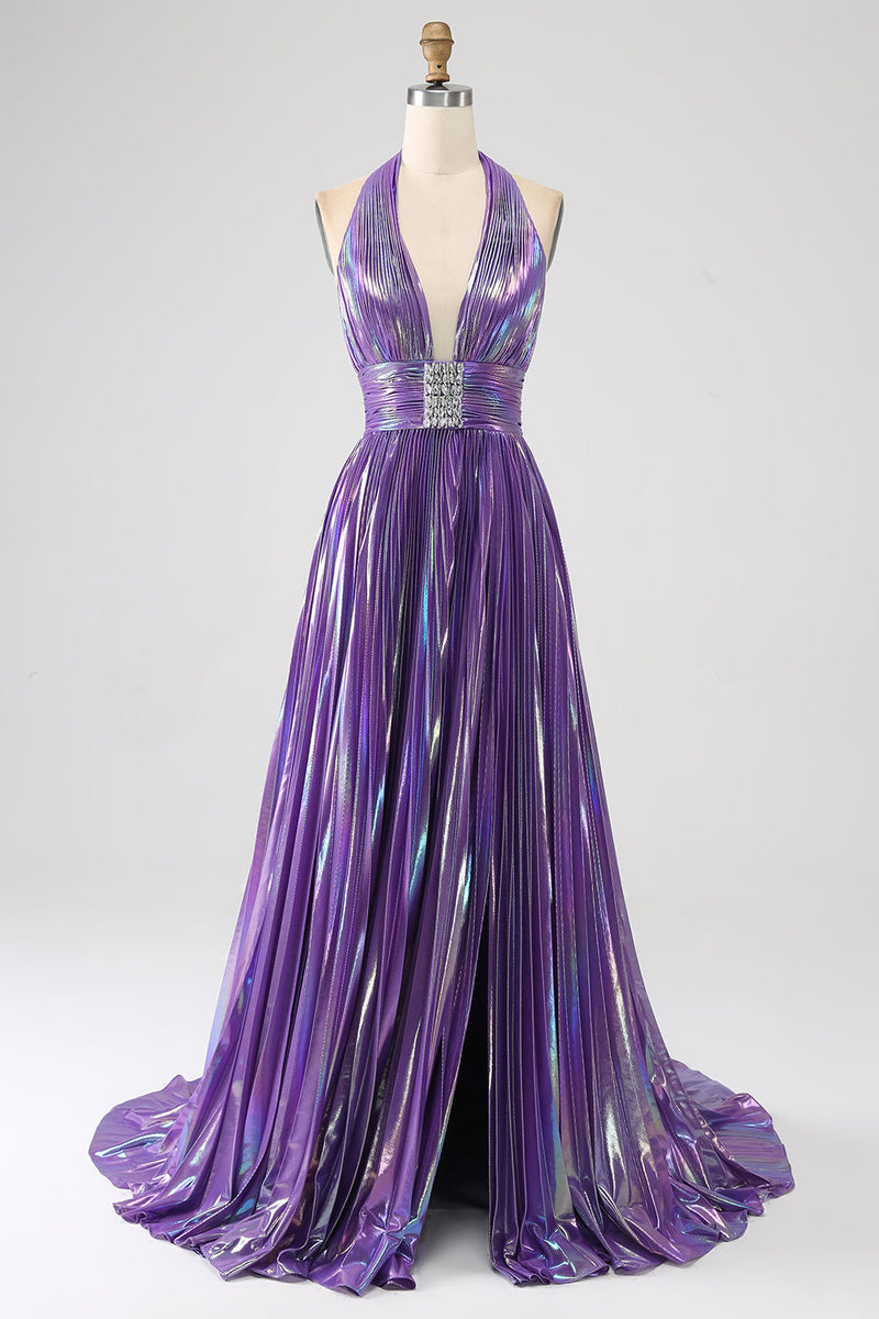 Load image into Gallery viewer, Glitter Purple Pleated Metallic Long Prom Dress with Slit