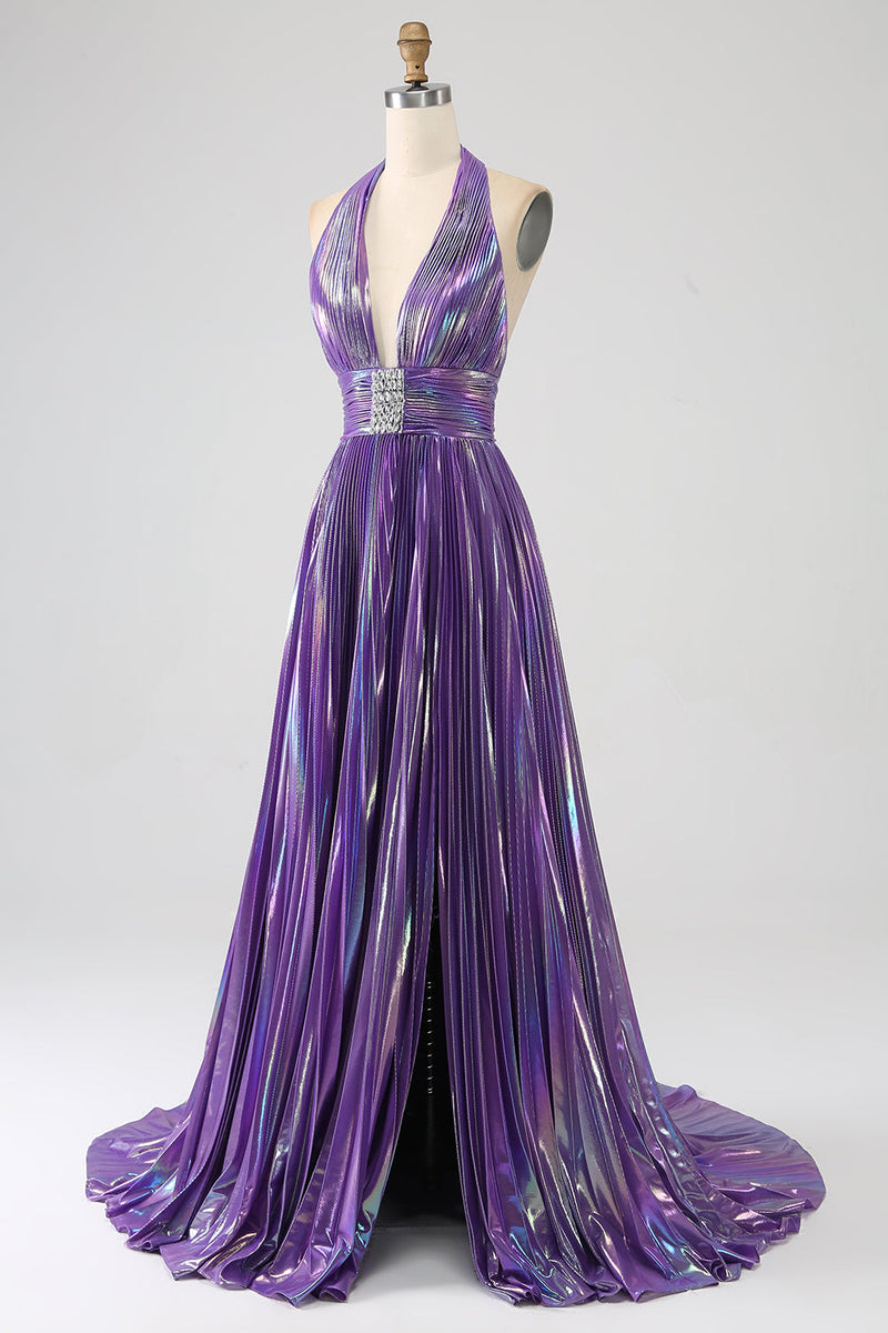 Load image into Gallery viewer, Glitter Purple Pleated Metallic Long Prom Dress with Slit