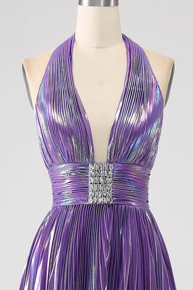 Load image into Gallery viewer, Glitter Purple Pleated Metallic Long Prom Dress with Slit