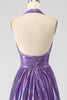 Load image into Gallery viewer, Glitter Purple Pleated Metallic Long Prom Dress with Slit