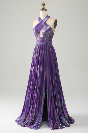 Sparkly Purple Halter A Line Prom Dress with Pleated