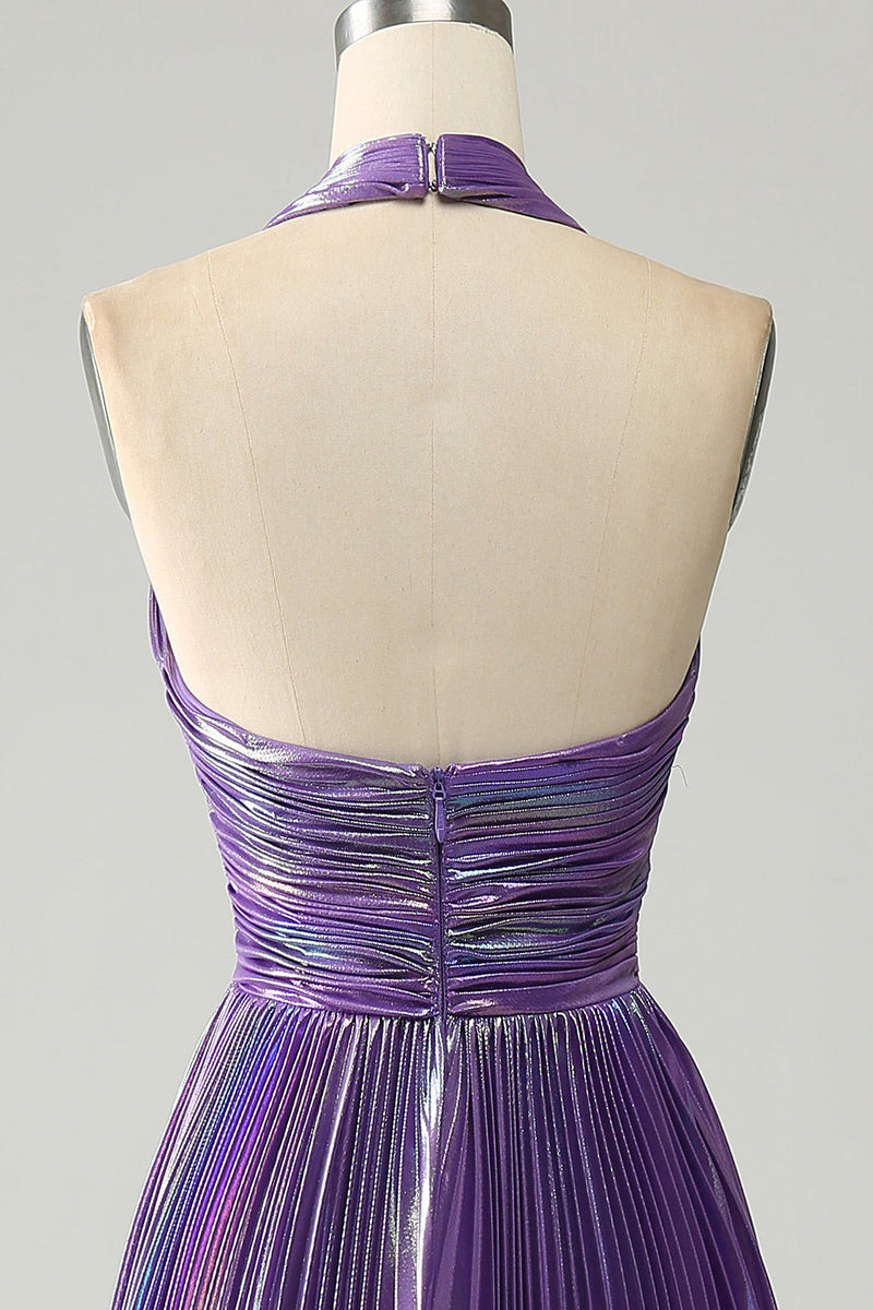 Load image into Gallery viewer, Sparkly Purple Halter A Line Prom Dress with Pleated