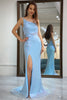 Load image into Gallery viewer, Glitter Light Blue Mermaid Backless Long Prom Dress With Slit