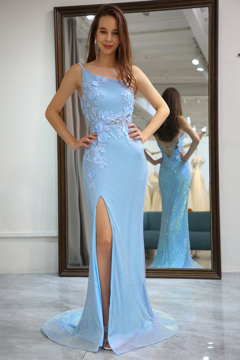 Load image into Gallery viewer, Glitter Light Blue Mermaid Backless Long Prom Dress With Slit