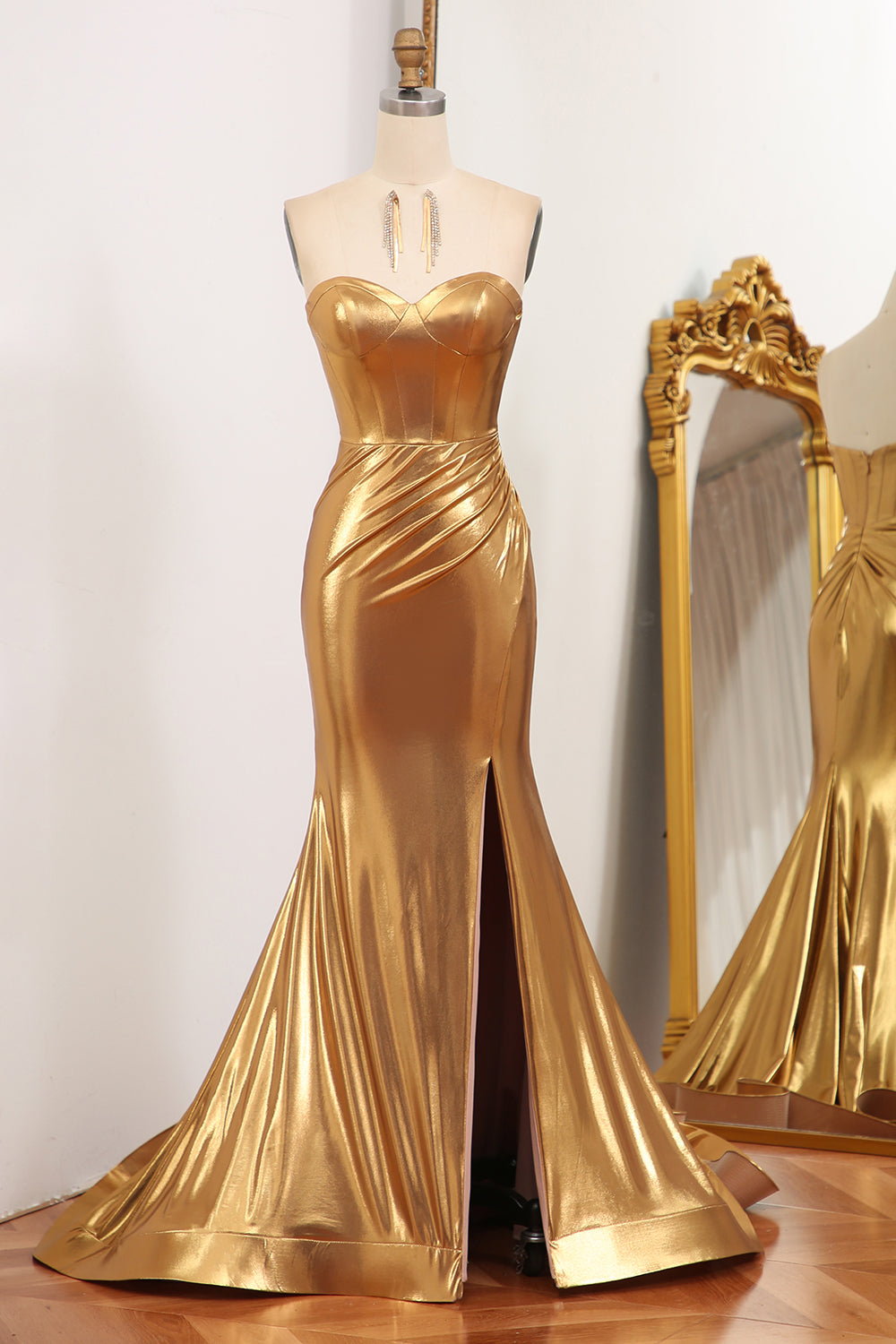 Sparkly Golden Mermaid Strapless Long Prom Dress With Slit